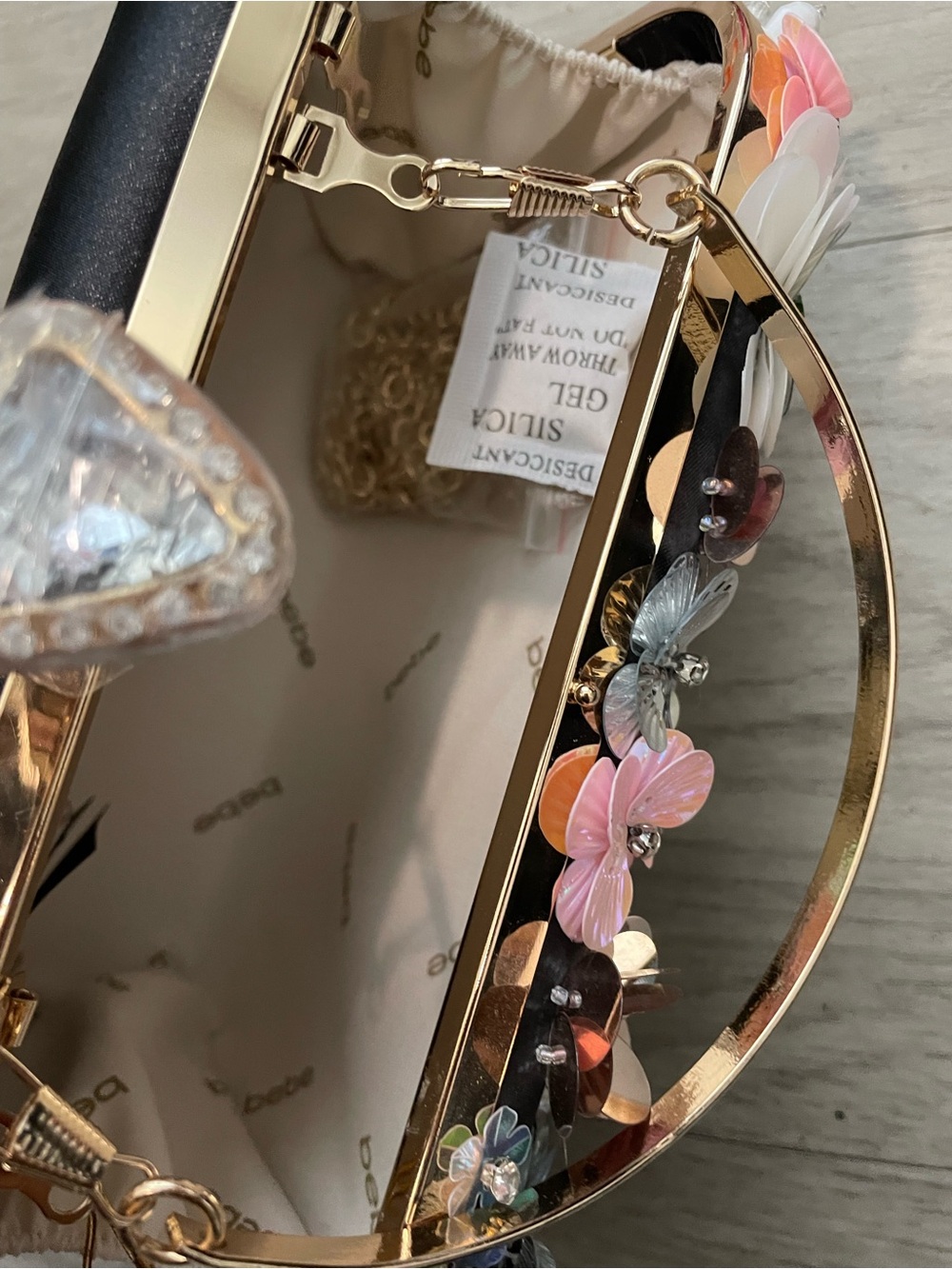bebe Embellished Floral Clutch in Black with Pink & Cream Accents - Picture 3 of 3